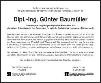 Traueranzeige von Günter Baumüller von Gesamtausgabe Nürnberger Nachrichten/ Nürnberger Ztg.