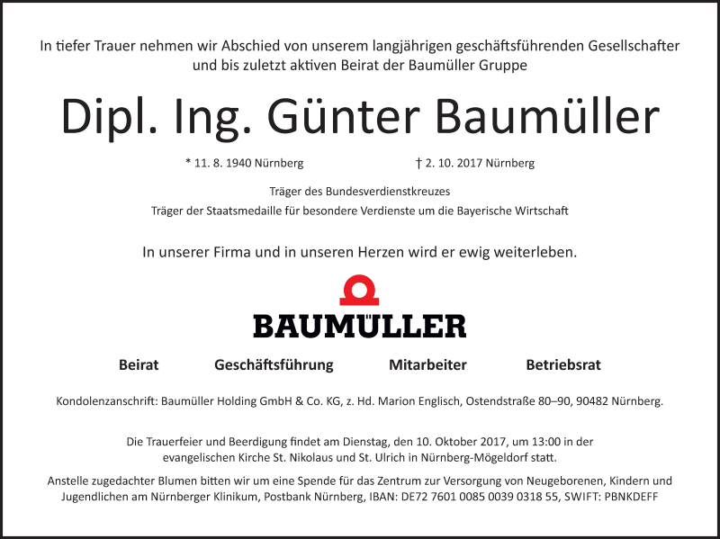  Traueranzeige für Günter Baumüller vom 05.10.2017 aus Gesamtausgabe Nürnberger Nachrichten/ Nürnberger Ztg.