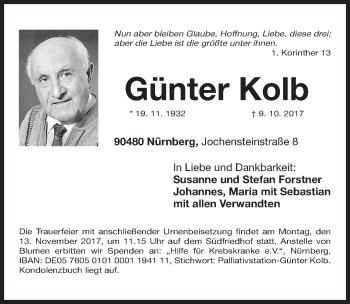 Traueranzeige von Günter Kolb von Gesamtausgabe Nürnberger Nachrichten/ Nürnberger Ztg.