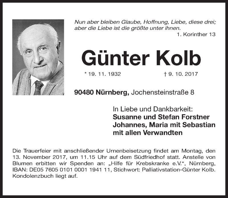  Traueranzeige für Günter Kolb vom 25.10.2017 aus Gesamtausgabe Nürnberger Nachrichten/ Nürnberger Ztg.