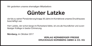 Traueranzeige von Günter Latzke von Gesamtausgabe Nürnberger Nachrichten/ Nürnberger Ztg.