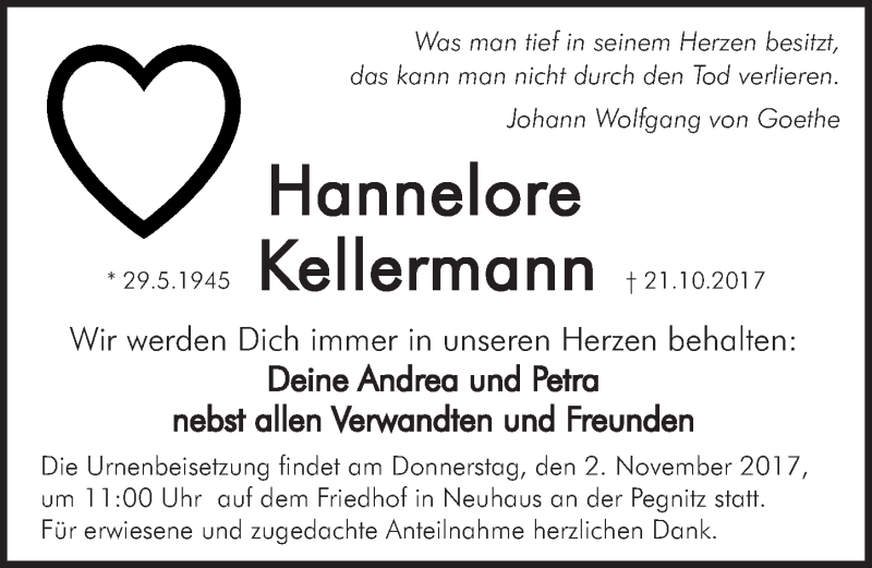  Traueranzeige für Hannelore Kellermann vom 28.10.2017 aus Gesamtausgabe Nürnberger Nachrichten/ Nürnberger Ztg.