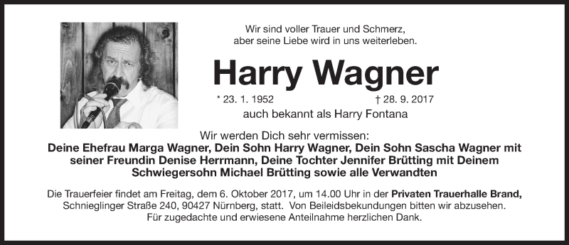  Traueranzeige für Harry Wagner vom 03.10.2017 aus Gesamtausgabe Nürnberger Nachrichten/ Nürnberger Ztg.