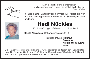 Traueranzeige von Hedi Nückles von Gesamtausgabe Nürnberger Nachrichten/ Nürnberger Ztg.