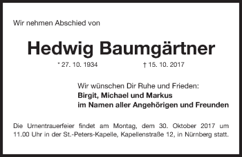 Traueranzeige von Hedwig Baumgärtner von Gesamtausgabe Nürnberger Nachrichten/ Nürnberger Ztg.