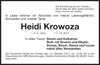 Traueranzeige von Heidi Krowoza von Gesamtausgabe Nürnberger Nachrichten/ Nürnberger Ztg.