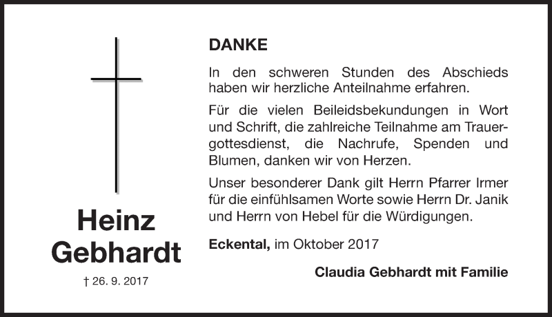  Traueranzeige für Heinz Gebhardt vom 21.10.2017 aus Gesamtausgabe Nürnberger Nachrichten/ Nürnberger Ztg.
