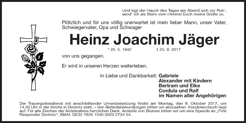  Traueranzeige für Heinz Joachim Jäger vom 05.10.2017 aus Erlanger Nachrichten Lokal