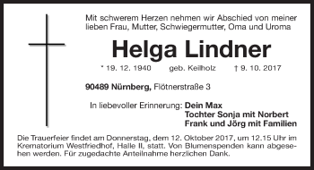 Traueranzeige von Helga Lindner von Gesamtausgabe Nürnberger Nachrichten/ Nürnberger Ztg.