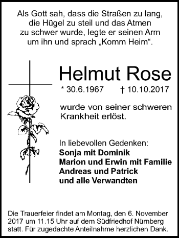 Traueranzeige von Helmut Rose von Gesamtausgabe Nürnberger Nachrichten/ Nürnberger Ztg.