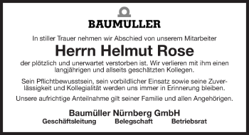 Traueranzeige von Helmut Rose von Gesamtausgabe Nürnberger Nachrichten/ Nürnberger Ztg.