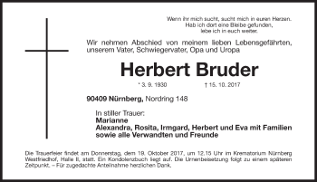 Traueranzeige von Herbert Bruder von Gesamtausgabe Nürnberger Nachrichten/ Nürnberger Ztg.
