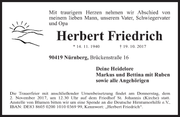 Traueranzeige von Herbert Friedrich von Gesamtausgabe Nürnberger Nachrichten/ Nürnberger Ztg.