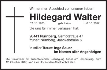 Traueranzeige von Hildegard Walter von Gesamtausgabe Nürnberger Nachrichten/ Nürnberger Ztg.
