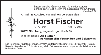 Traueranzeige von Horst Fischer von Gesamtausgabe Nürnberger Nachrichten/ Nürnberger Ztg.