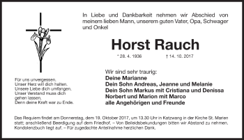 Traueranzeige von Horst Rauch von Gesamtausgabe Nürnberger Nachrichten/ Nürnberger Ztg.