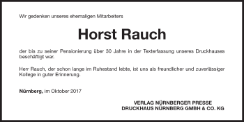 Traueranzeige von Horst Rauch von Gesamtausgabe Nürnberger Nachrichten/ Nürnberger Ztg.