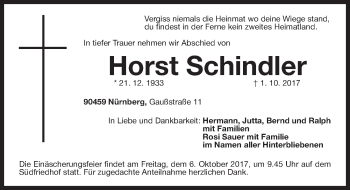 Traueranzeige von Horst Schindler von Gesamtausgabe Nürnberger Nachrichten/ Nürnberger Ztg.