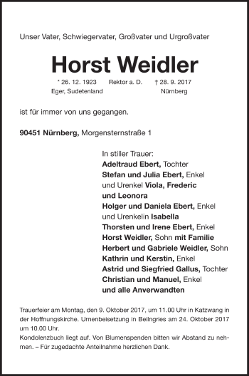 Traueranzeige von Horst Weidler von Gesamtausgabe Nürnberger Nachrichten/ Nürnberger Ztg.