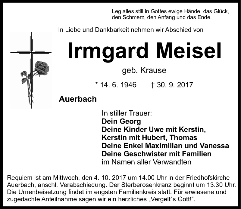  Traueranzeige für Irmgard Meisel vom 02.10.2017 aus Nordbayerische Nachrichten Pegnitz Lokal