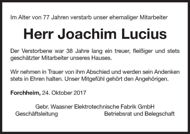  Traueranzeige für Joachim Lucius vom 26.10.2017 aus Nordbayerische Nachrichten Forchheim Lokal