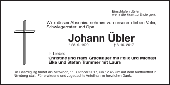 Traueranzeige von Johann Übler von Gesamtausgabe Nürnberger Nachrichten/ Nürnberger Ztg.
