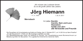Traueranzeige von Jörg Hiemann von Roth-Hilpoltsteiner Volkszeitung Lokal