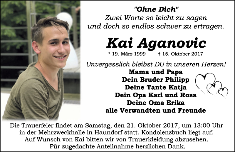  Traueranzeige für Kai Aganovic vom 19.10.2017 aus Altmühl-Bote Lokal