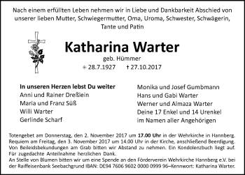 Traueranzeige von Katharina Warter von Nordbayerische Nachrichten Herzogenaurach Lokal