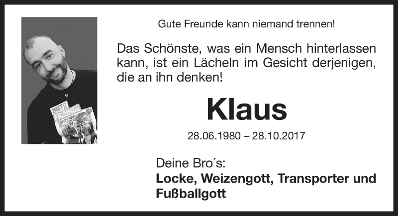  Traueranzeige für Klaus Berner vom 31.10.2017 aus Nordbayerische Nachrichten Herzogenaurach Lokal
