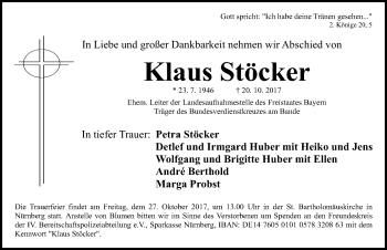 Traueranzeige von Klaus Stöcker von Gesamtausgabe Nürnberger Nachrichten/ Nürnberger Ztg.
