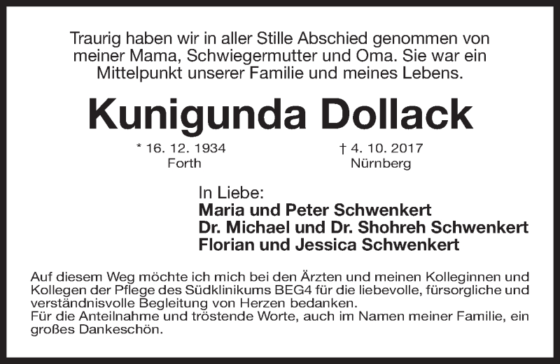  Traueranzeige für Kunigunda Dollack vom 21.10.2017 aus Gesamtausgabe Nürnberger Nachrichten/ Nürnberger Ztg.