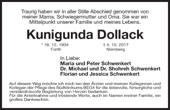 Traueranzeige von Kunigunda Dollack von Gesamtausgabe Nürnberger Nachrichten/ Nürnberger Ztg.