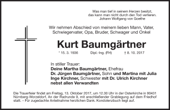 Traueranzeige von Kurt Baumgärtner von Gesamtausgabe Nürnberger Nachrichten/ Nürnberger Ztg.