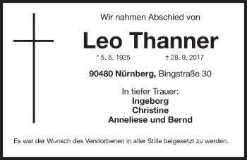 Traueranzeige von Leo Thanner von Fürther Nachrichten Lokal