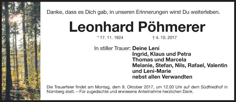  Traueranzeige für Leonhard Pöhmerer vom 07.10.2017 aus Gesamtausgabe Nürnberger Nachrichten/ Nürnberger Ztg.