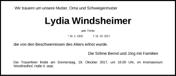 Traueranzeige von Lydia Windsheimer von Gesamtausgabe Nürnberger Nachrichten/ Nürnberger Ztg.