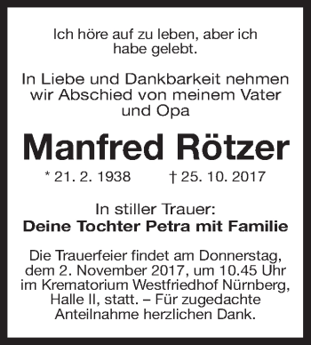 Traueranzeige von Manfred Rötzer von Gesamtausgabe Nürnberger Nachrichten/ Nürnberger Ztg.