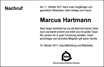 Traueranzeige von Marcus Hartmann von Gesamtausgabe Nürnberger Nachrichten/ Nürnberger Ztg.