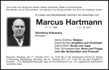 Traueranzeige von Marcus Hartmann von Gesamtausgabe Nürnberger Nachrichten/ Nürnberger Ztg.