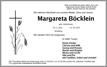 Traueranzeige von Margareta Böcklein von Gesamtausgabe Nürnberger Nachrichten/ Nürnberger Ztg.