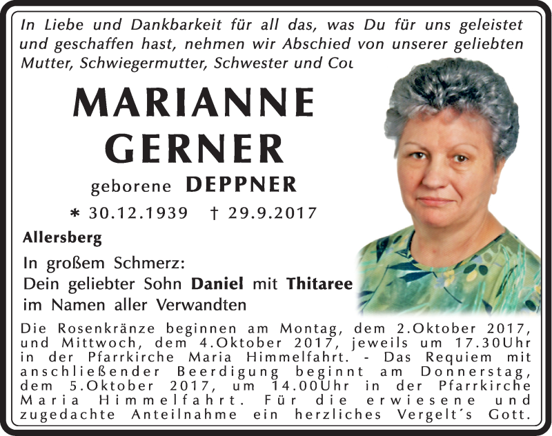 Traueranzeigen von Marianne Gerner | trauer.nn.de