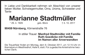 Traueranzeige von Marianne Stadtmüller von Gesamtausgabe Nürnberger Nachrichten/ Nürnberger Ztg.