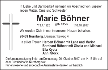 Traueranzeige von Marie Böhner von Gesamtausgabe Nürnberger Nachrichten/ Nürnberger Ztg.