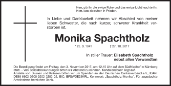 Traueranzeige von Monika Spachtholz von Gesamtausgabe Nürnberger Nachrichten/ Nürnberger Ztg.