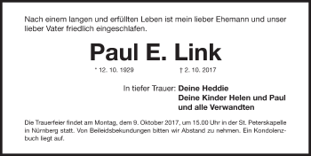 Traueranzeige von Paul E. Link von Gesamtausgabe Nürnberger Nachrichten/ Nürnberger Ztg.