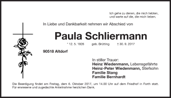 Traueranzeige von Paula Schliermann von Gesamtausgabe Nürnberger Nachrichten/ Nürnberger Ztg.