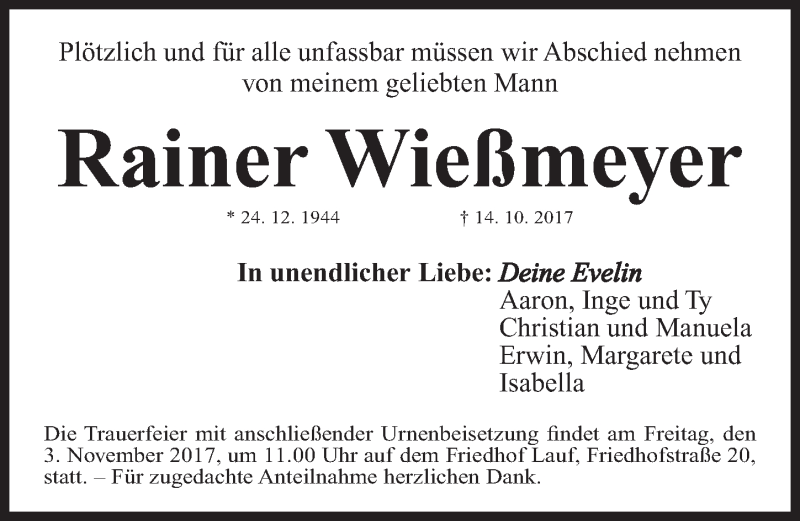  Traueranzeige für Rainer Wießmeyer vom 28.10.2017 aus Gesamtausgabe Nürnberger Nachrichten/ Nürnberger Ztg.