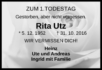 Traueranzeige von Rita Utz von Gesamtausgabe Nürnberger Nachrichten/ Nürnberger Ztg.