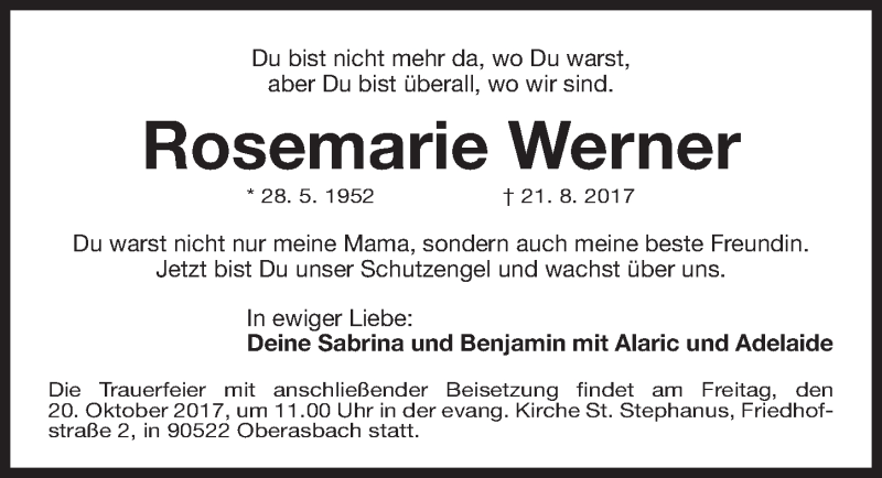  Traueranzeige für Rosemarie Werner vom 18.10.2017 aus Gesamtausgabe Nürnberger Nachrichten/ Nürnberger Ztg.